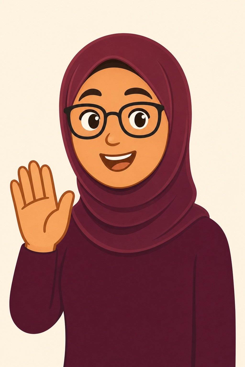 Illustration of Sufiya Patel wearing a maroon hijab